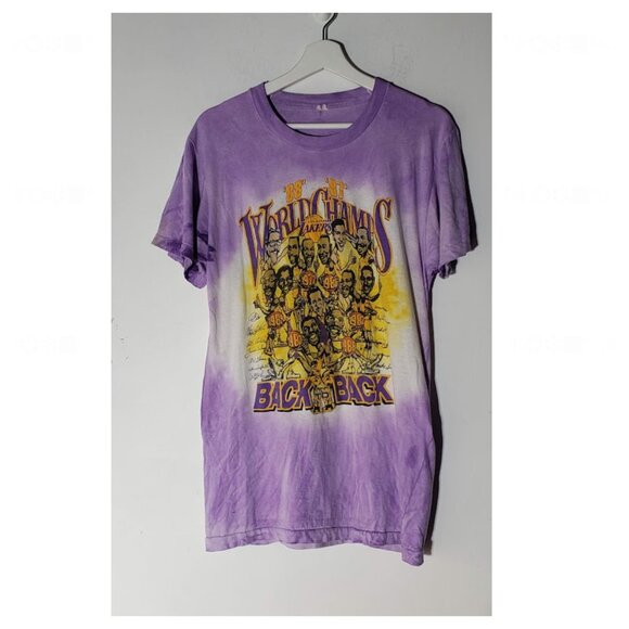 Vintage RARE Purple Yellow Tie Dye Lakers 87' 88' Back to Back Championship Tee - Picture 2 of 4